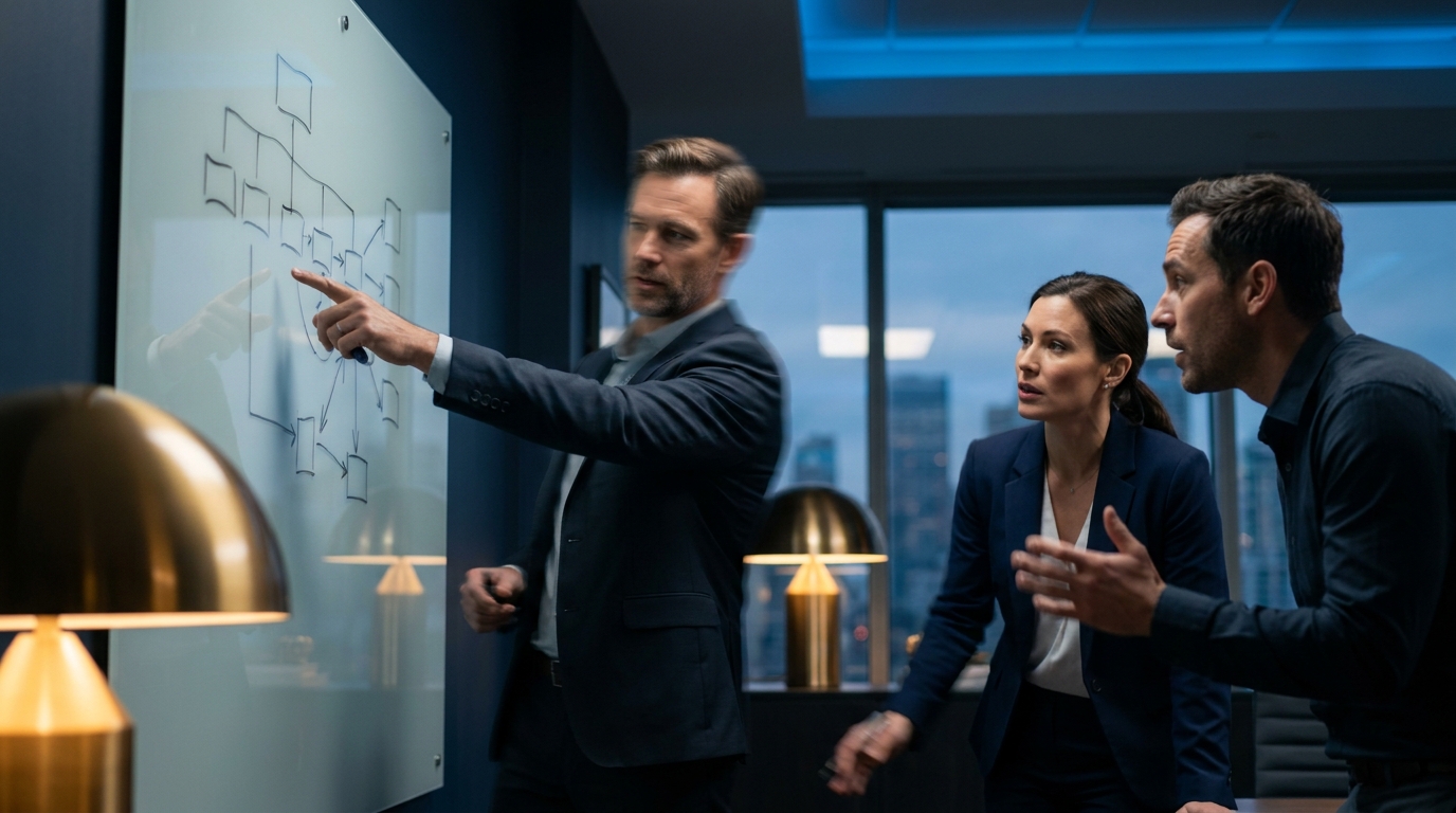 An executive decisively pointing at a decision framework on a glass board while two colleagues lean in, engaged in a fast moving leadership discussion